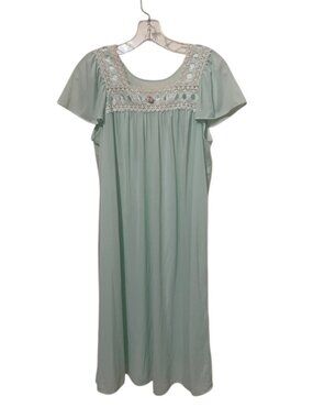 VTG Shadowline Nightgown Small Green Flutter Sleeve Lace Rosette Made in USA